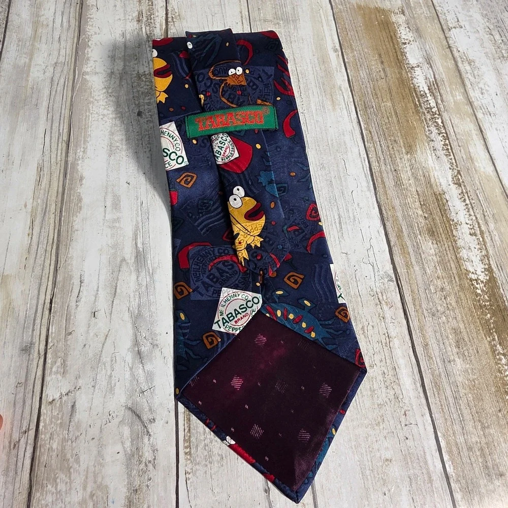 Tabasco Mens Silk Necktie Navy Blue Seafood Fish Shrimp Hot Sauce Novelty Tie